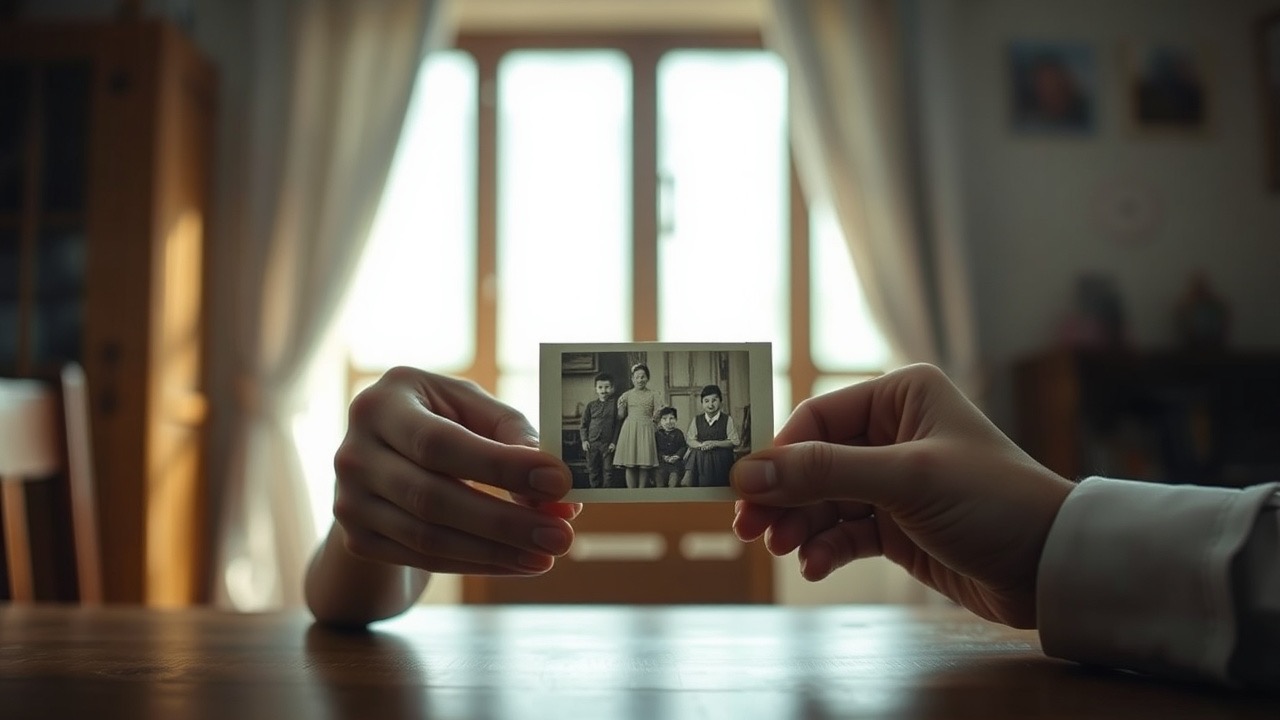 Руки держат маленькую старую семейную фотографию у окна